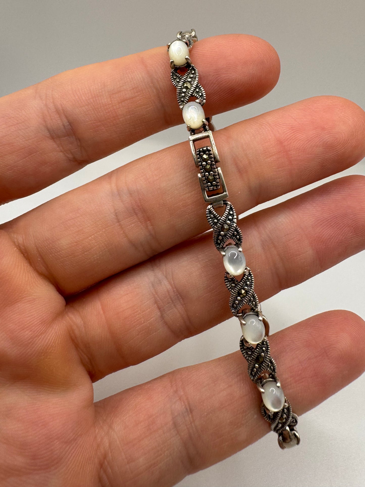 Silver mother of pearl and marcasite bracelet