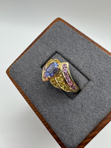 9ct gold tanzanite, citrine and pink topaz ring