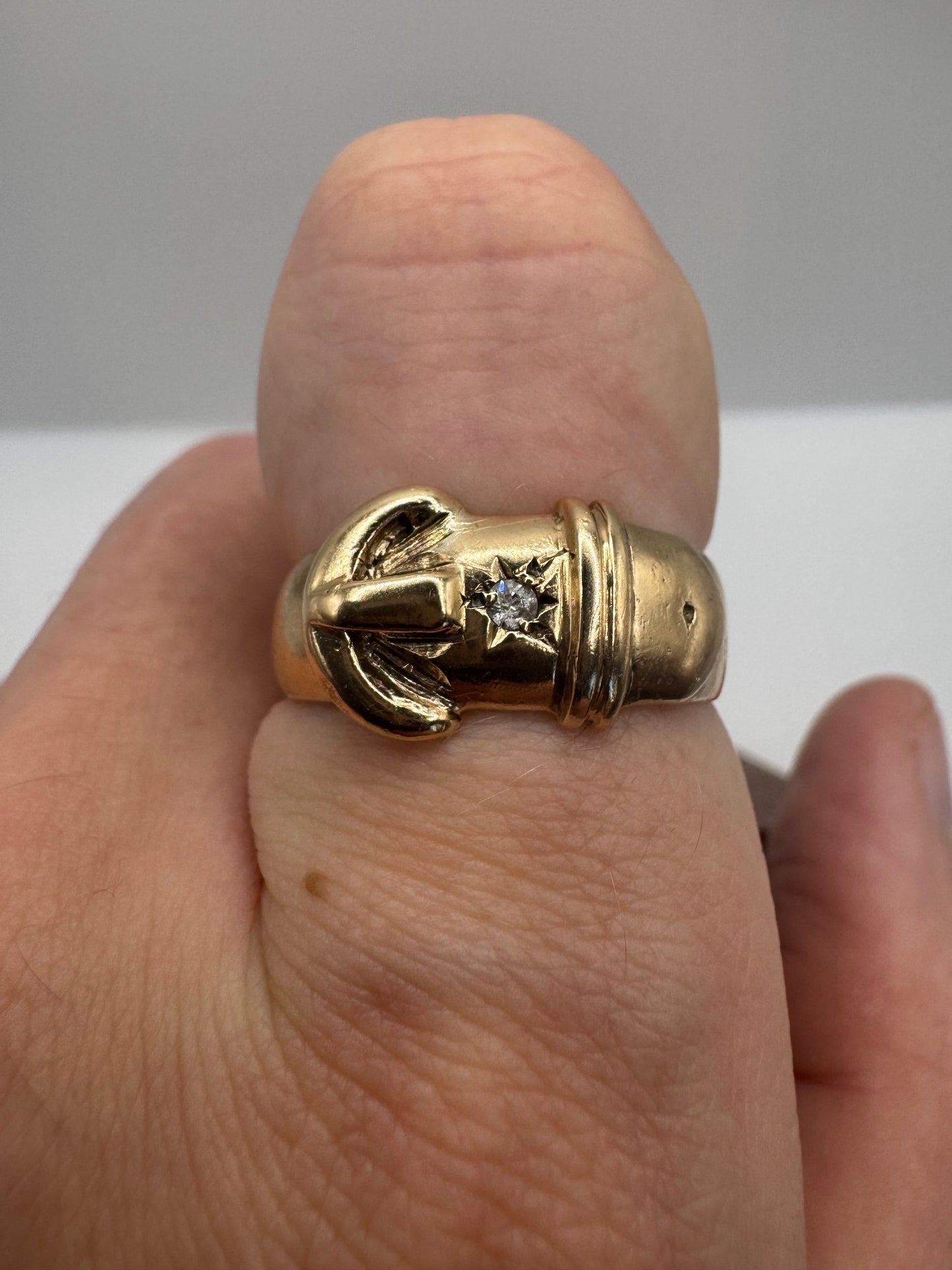 Heavy 9ct gold diamond gypsy buckle ring