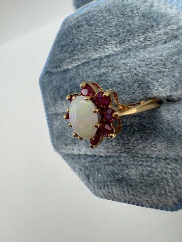 9ct gold opal and ruby cluster ring