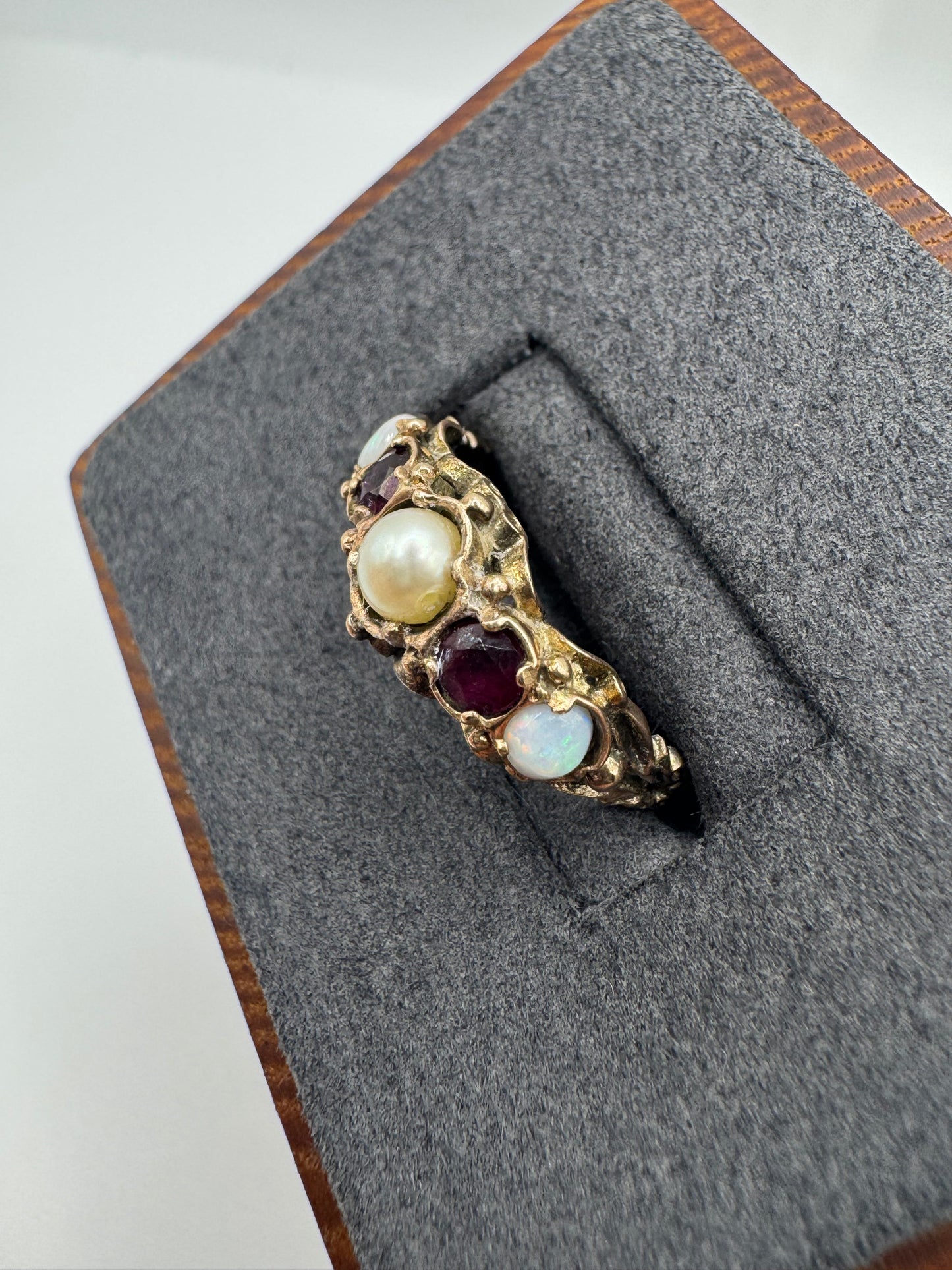 9ct gold pearl, ruby and opal ring