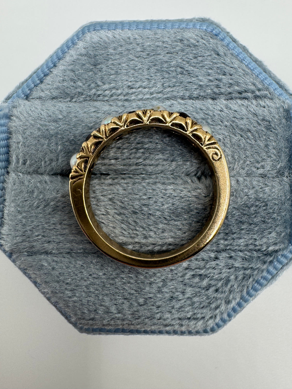 9ct gold garnet and pearl half eternity ring