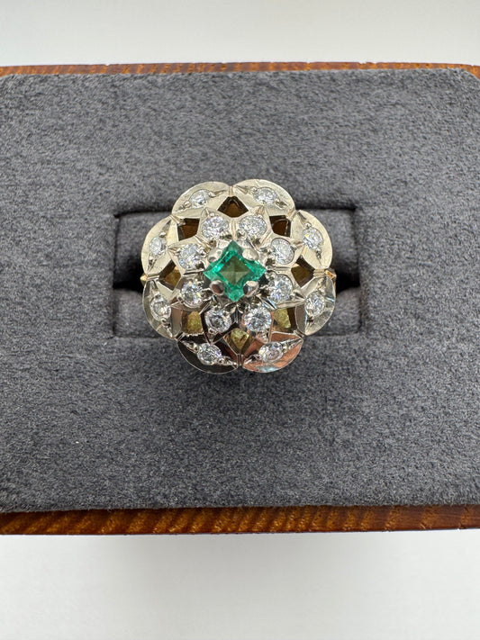 Antique 18ct gold emerald and diamond cluster ring