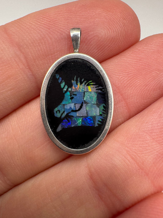 Silver onyx and black opal inlay unicorn pendant