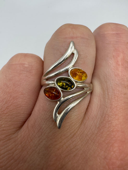 Silver amber ring