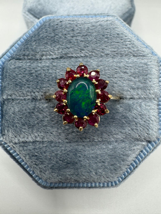 9ct gold black opal triplet and ruby cluster ring