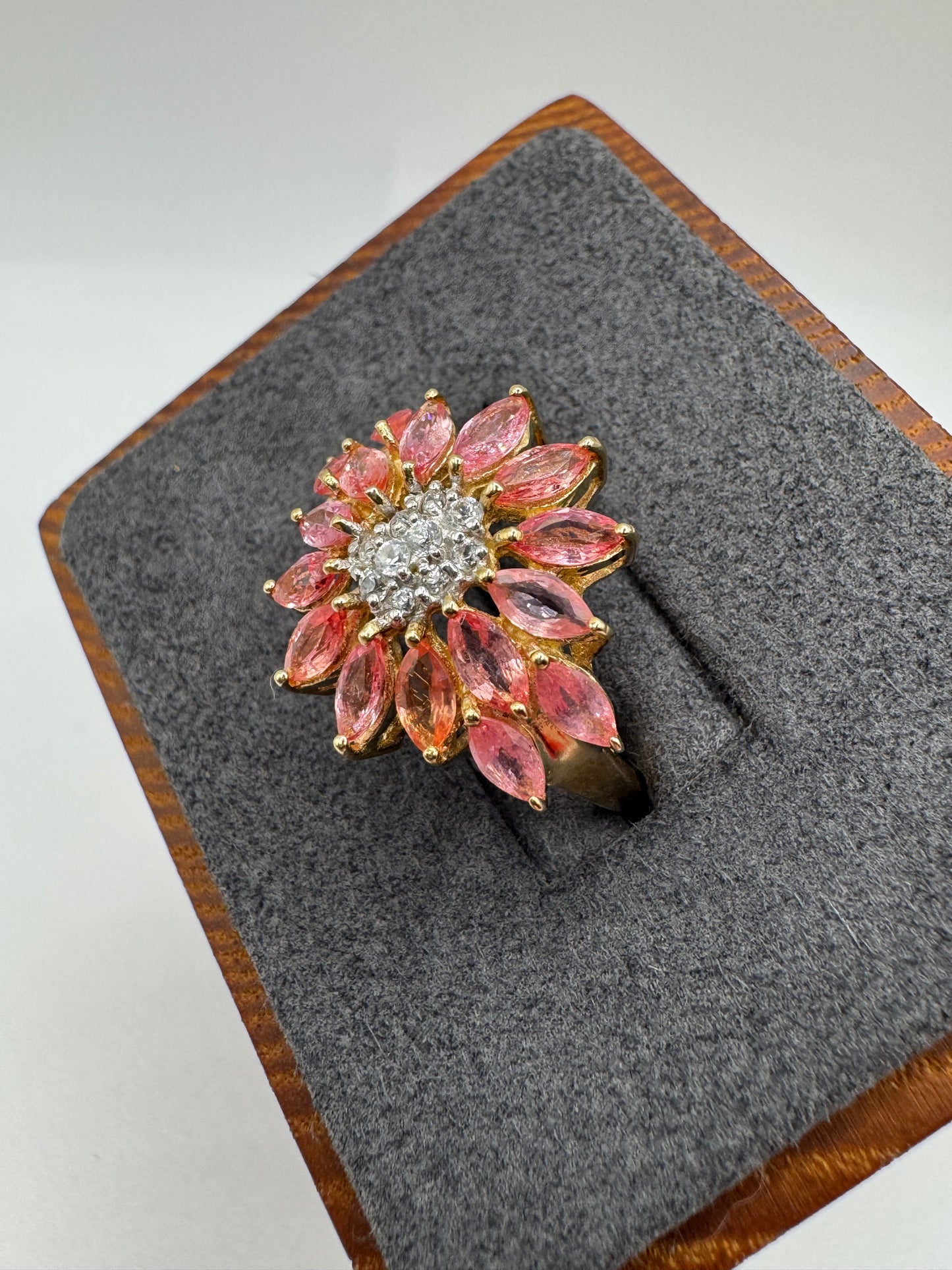 9ct gold padparadscha sapphire and diamond cluster ring