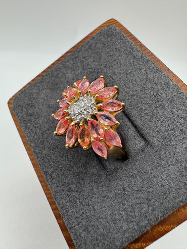 9ct gold padparadscha sapphire and diamond cluster ring