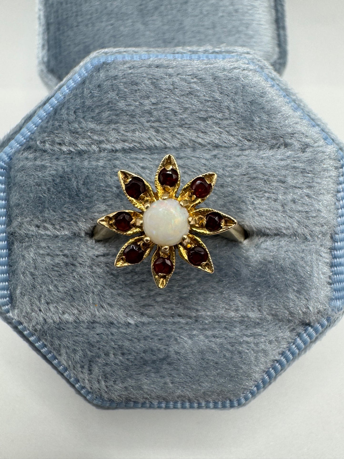 9ct gold opal and garnet flower ring