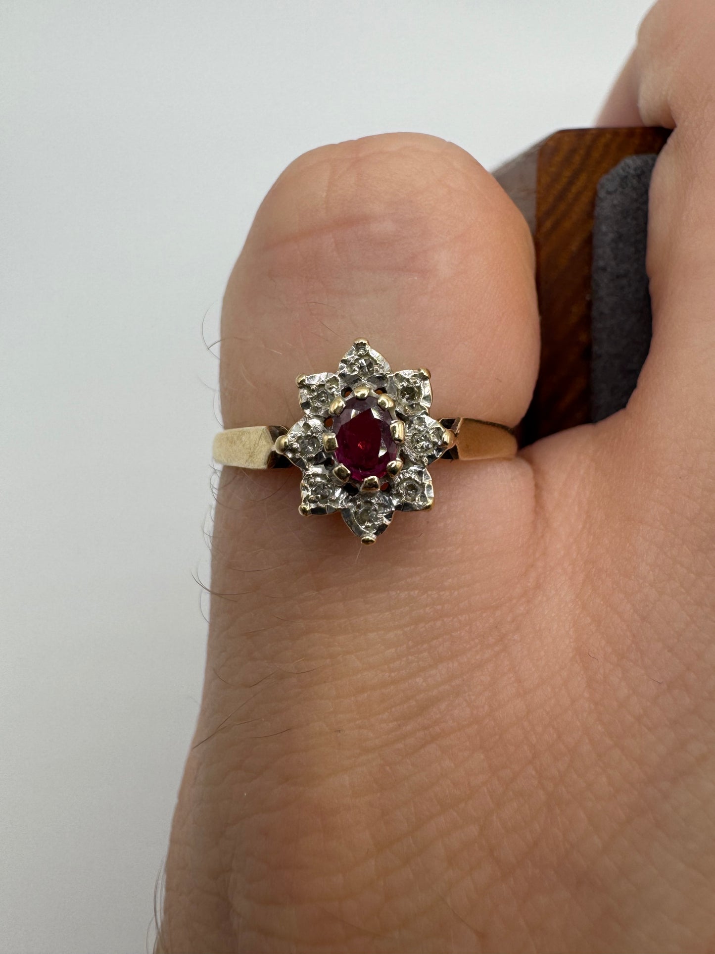 9ct gold ruby and diamond cluster ring