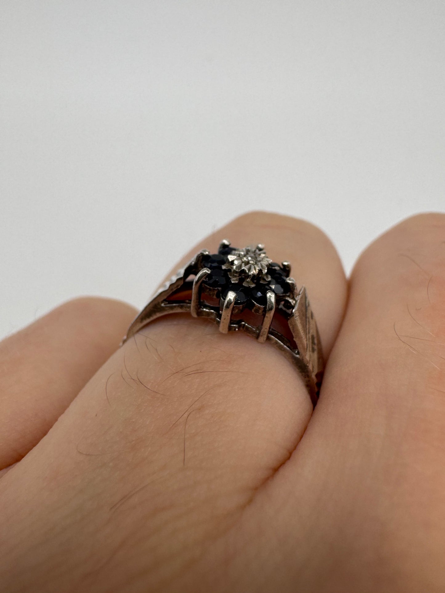 Silver sapphire and diamond ring