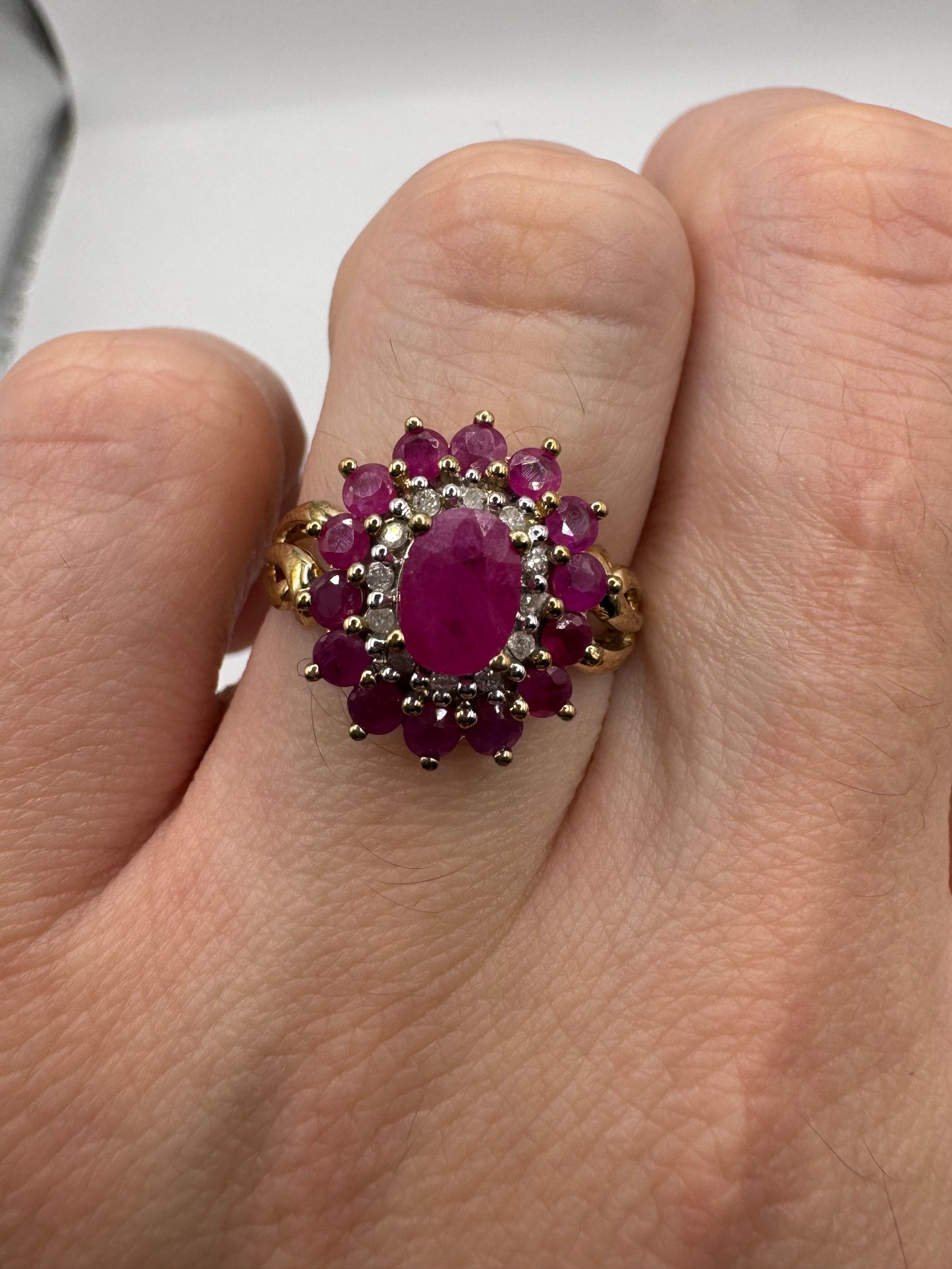 9ct gold ruby and diamond cluster ring