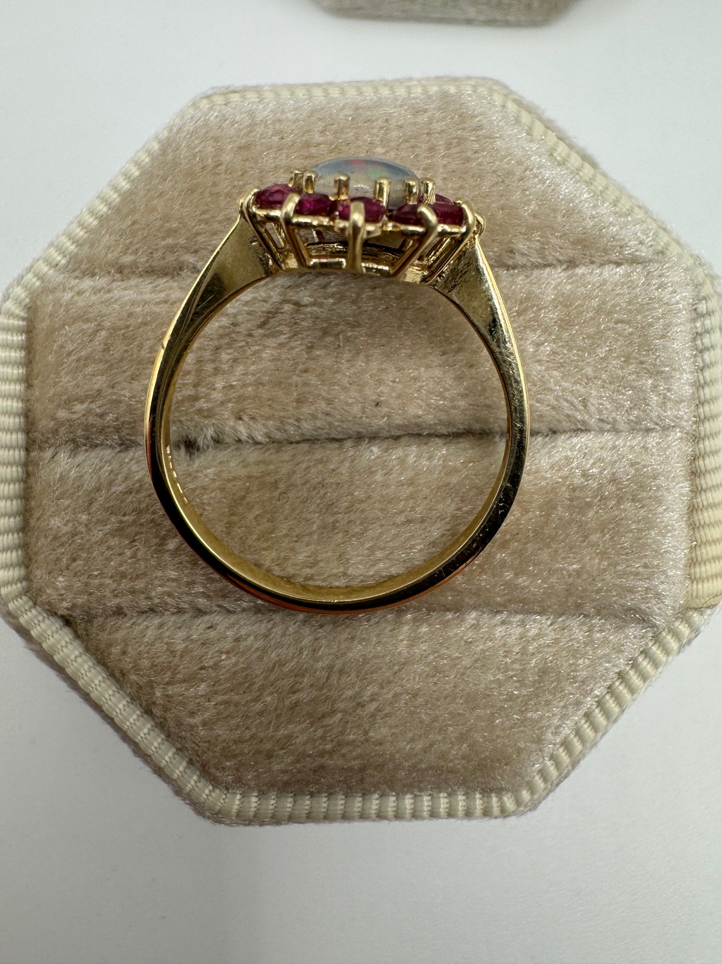 9ct gold black opal triplet and ruby cluster ring