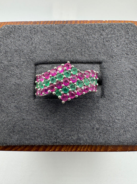9ct white gold ruby and emerald ring