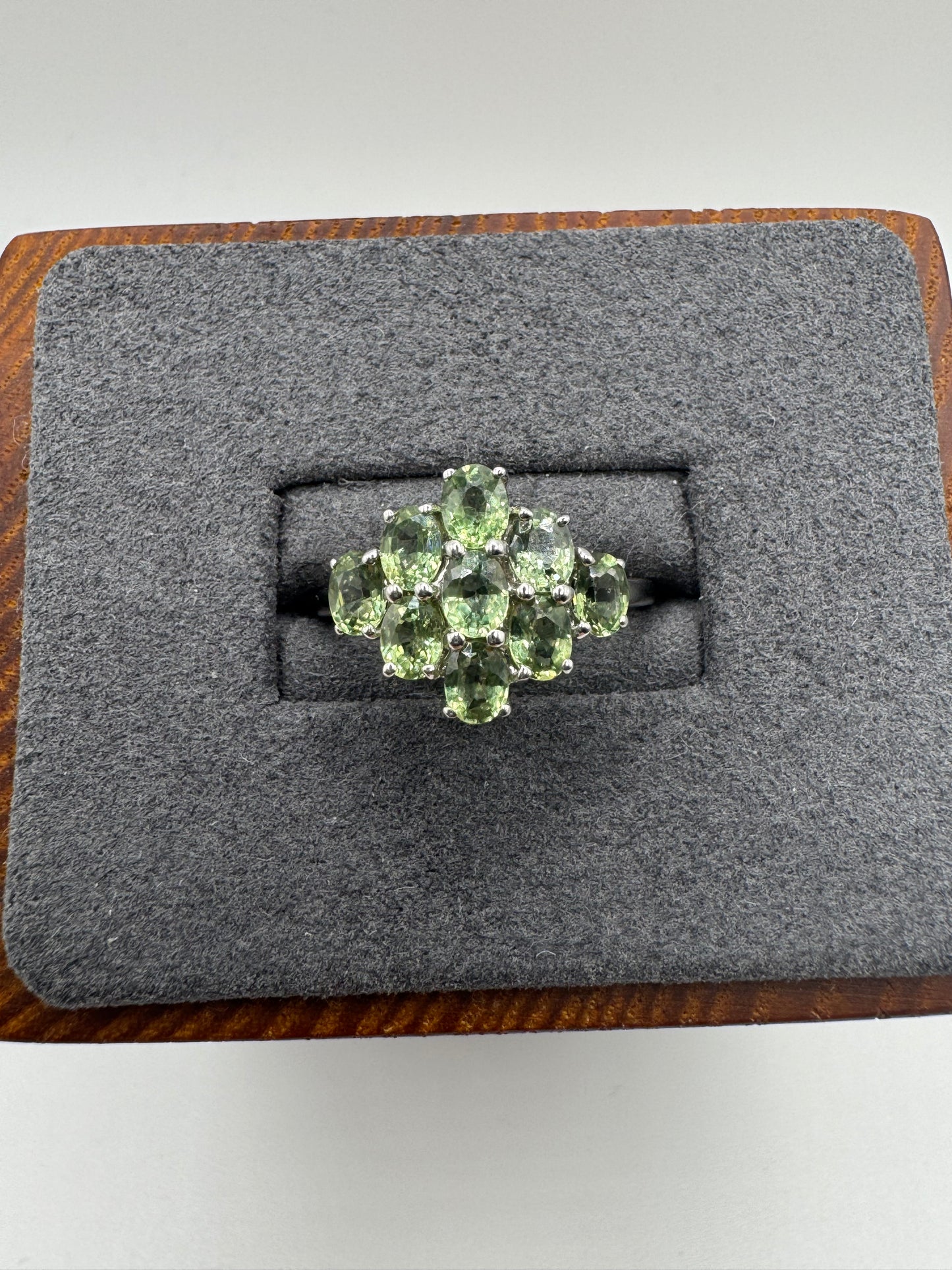 9ct white gold green sapphire cluster ring