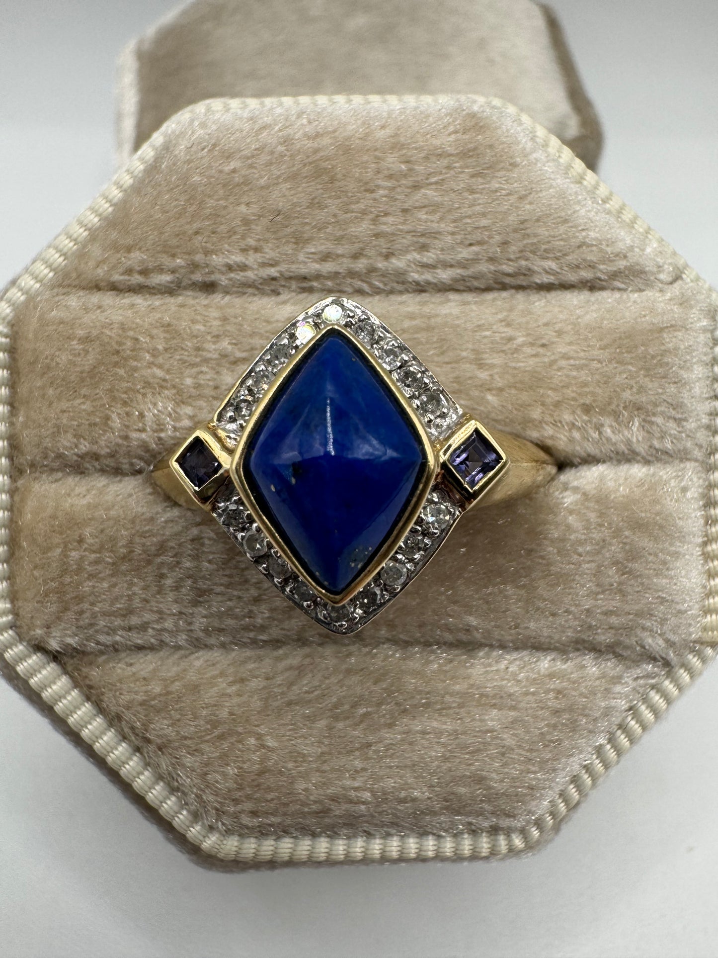 9ct gold lapis lazuli, amethyst and diamond ring