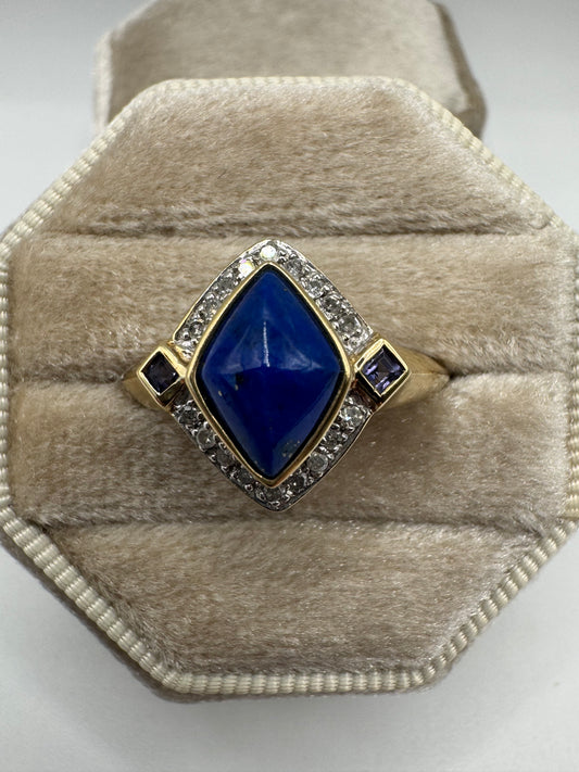 9ct gold lapis lazuli, amethyst and diamond ring