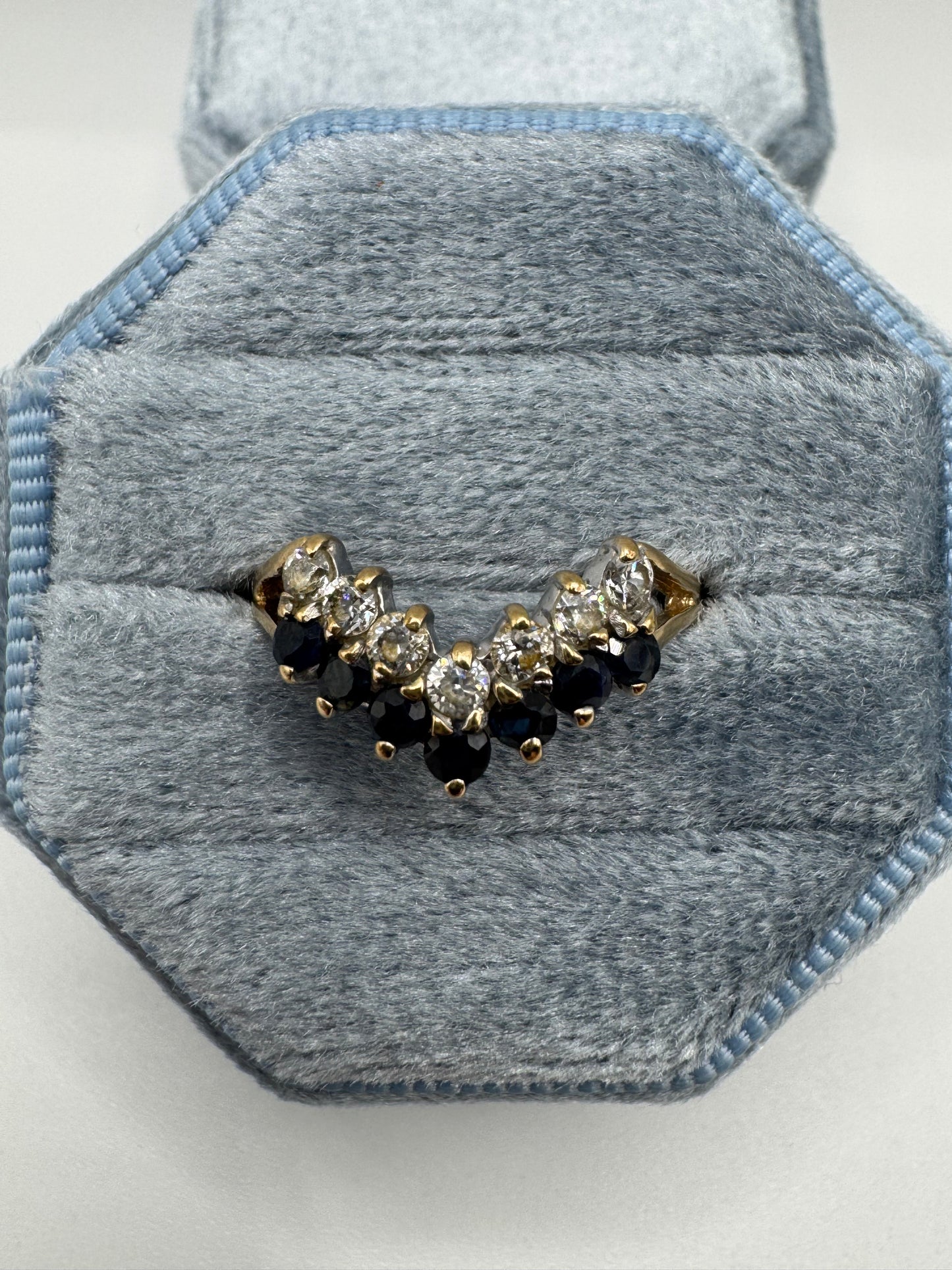9ct gold sapphire and cz wishbone ring