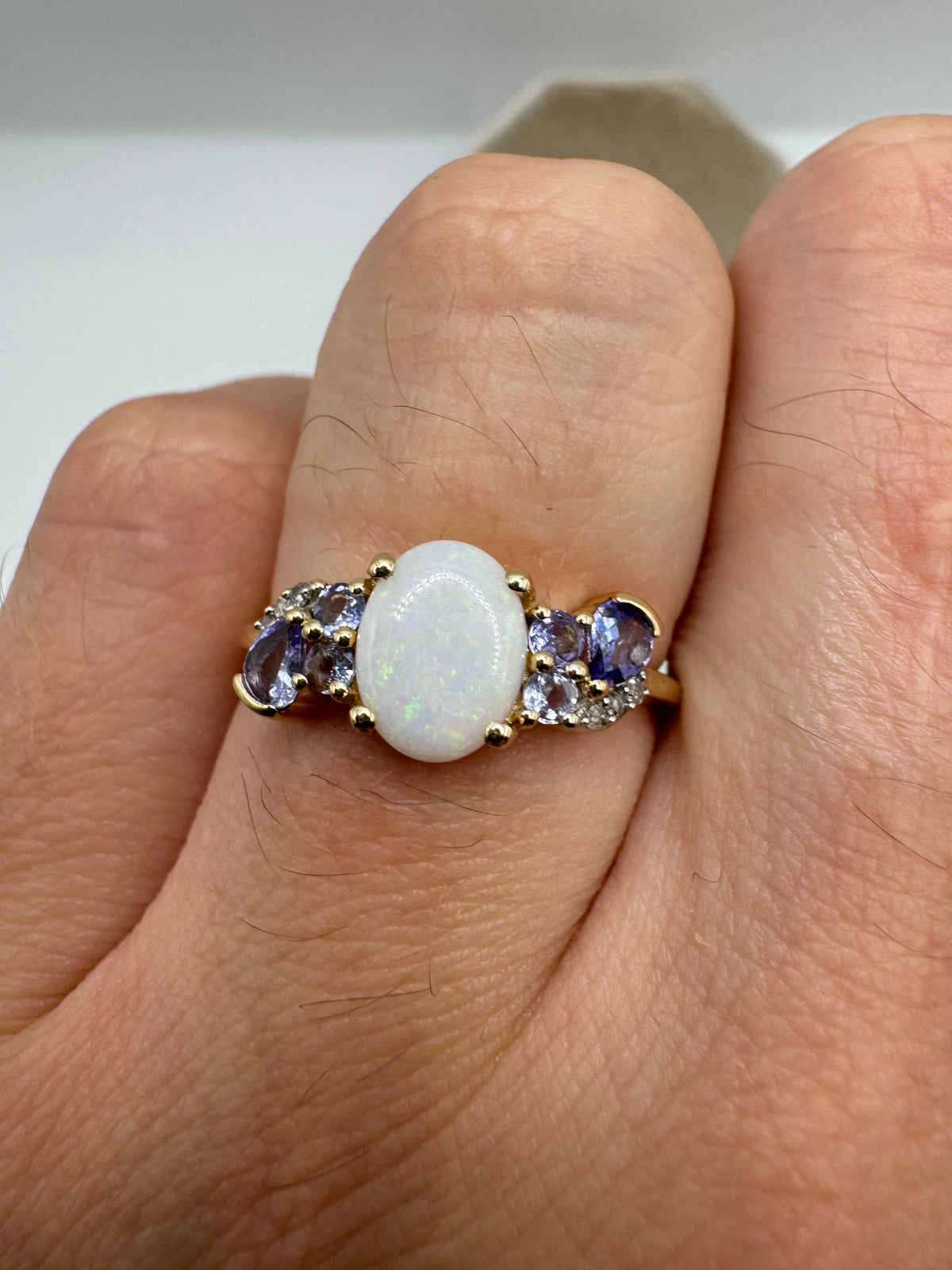 9ct gold opal, tanzanite and diamond ring