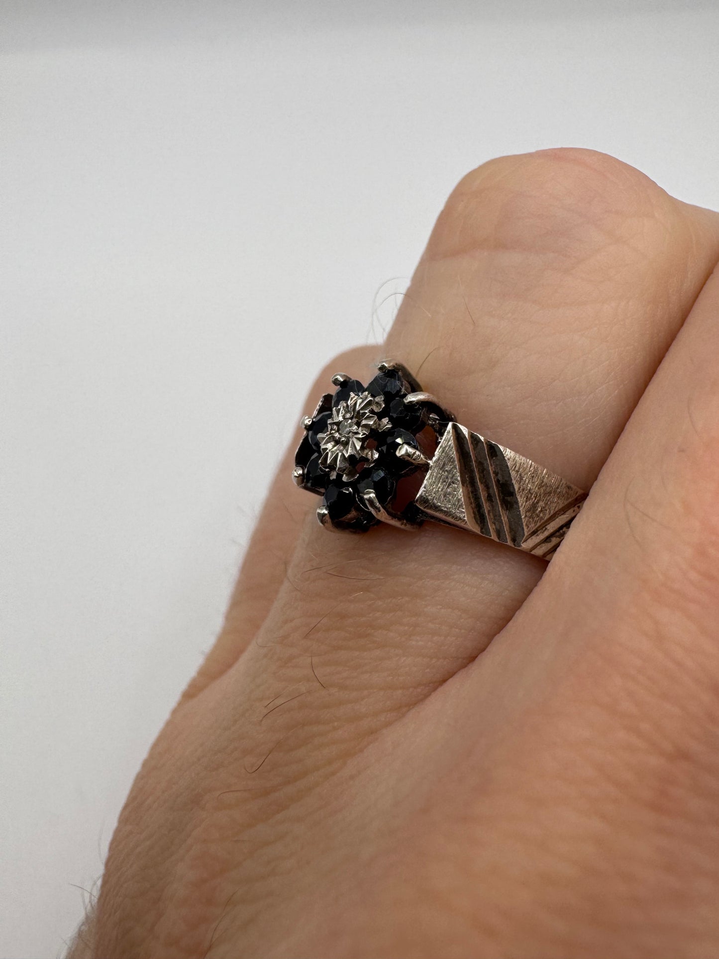 Silver sapphire and diamond ring