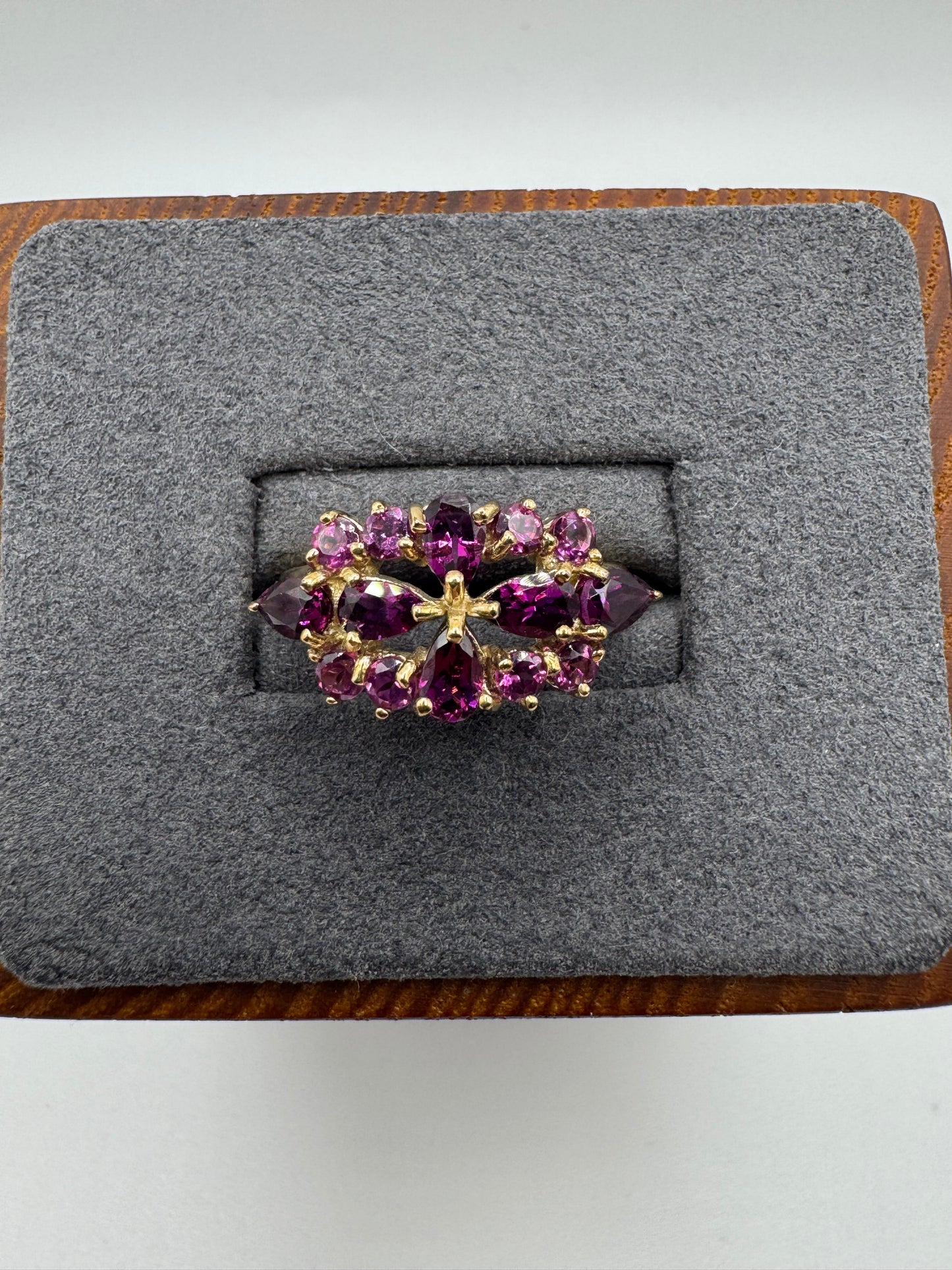 9ct gold almandine garnet and pink topaz ring