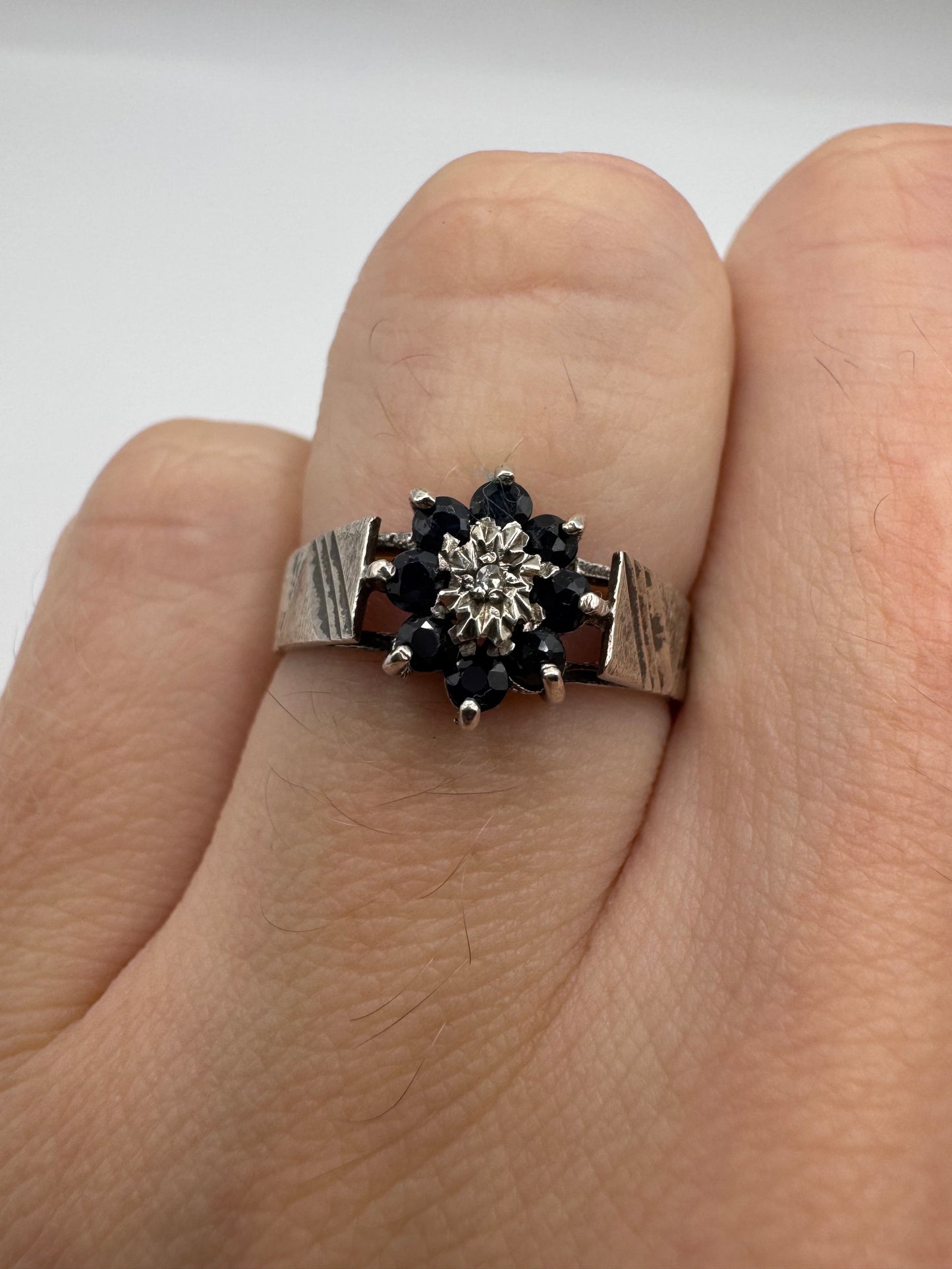 Silver sapphire and diamond ring