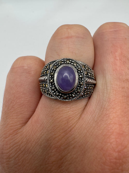 Silver jade and marcasite ring