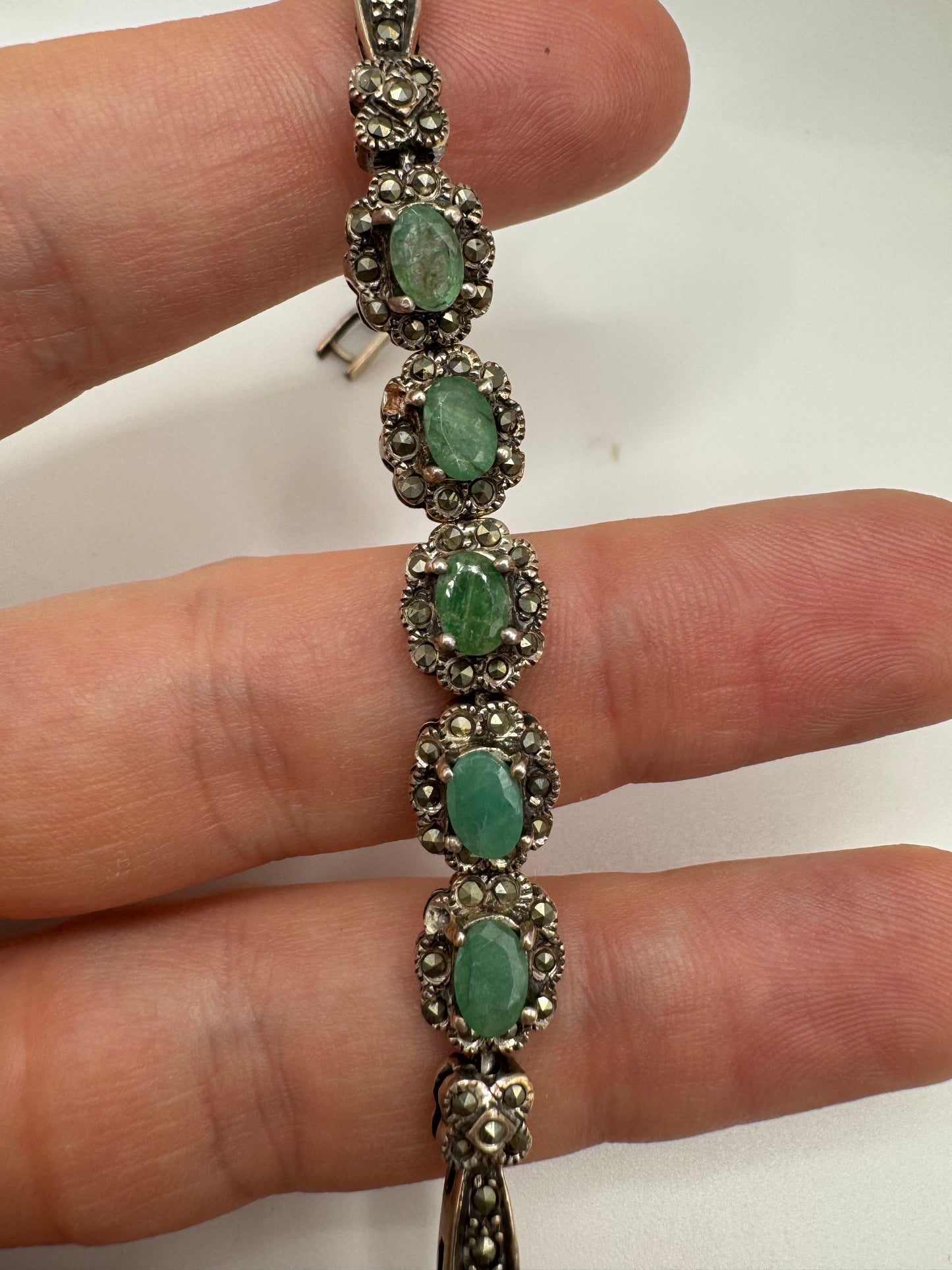 Silver emerald and marcasite bracelet