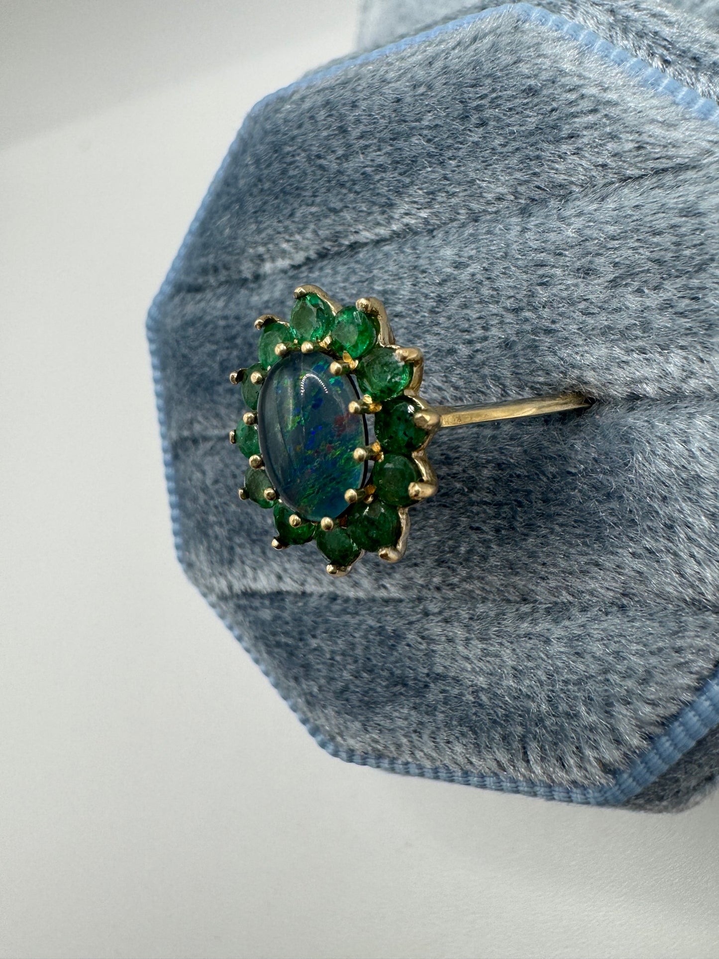9ct gold black opal triplet and emerald cluster ring