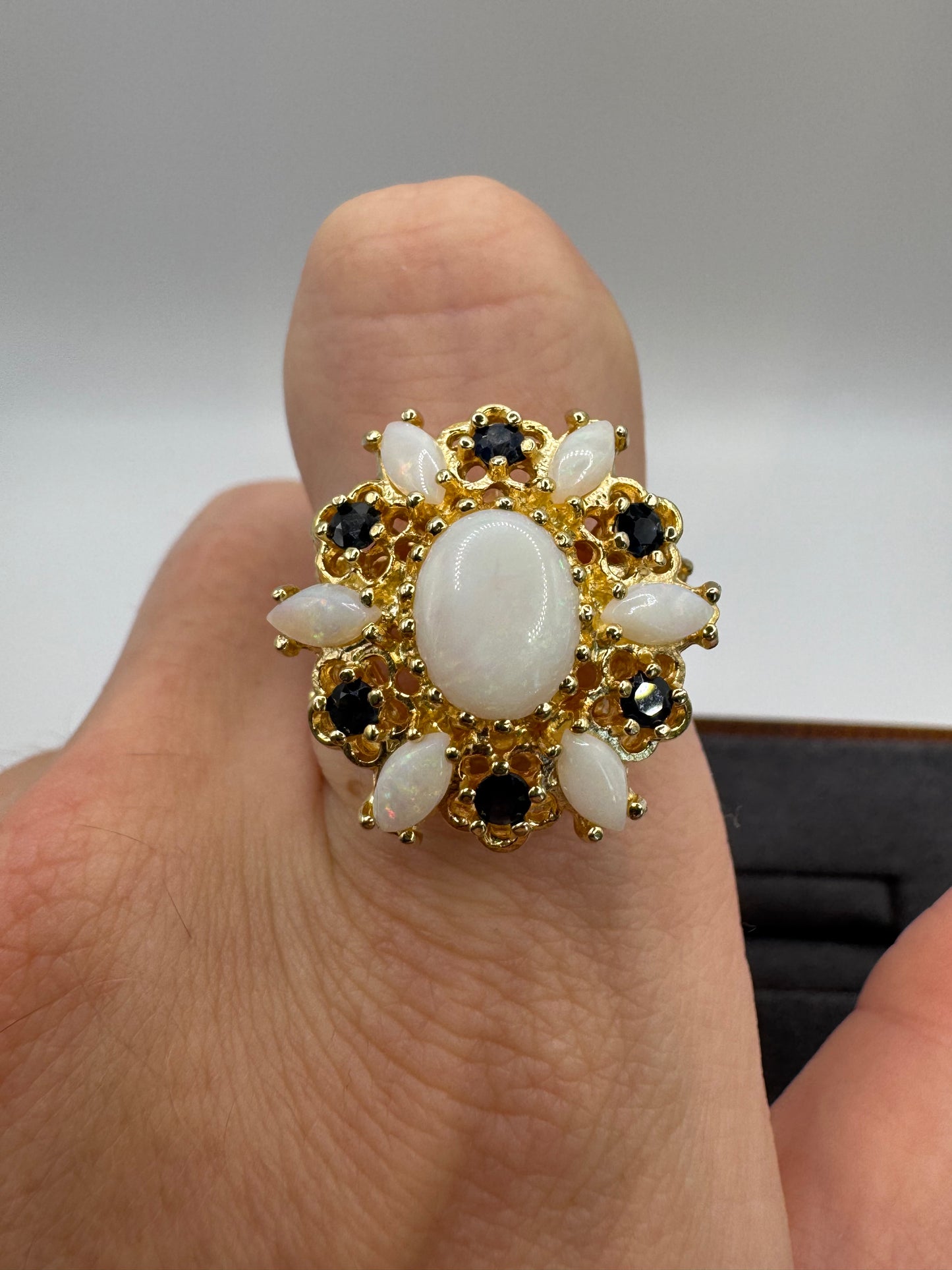 Heavy 9ct gold opal and sapphire ring