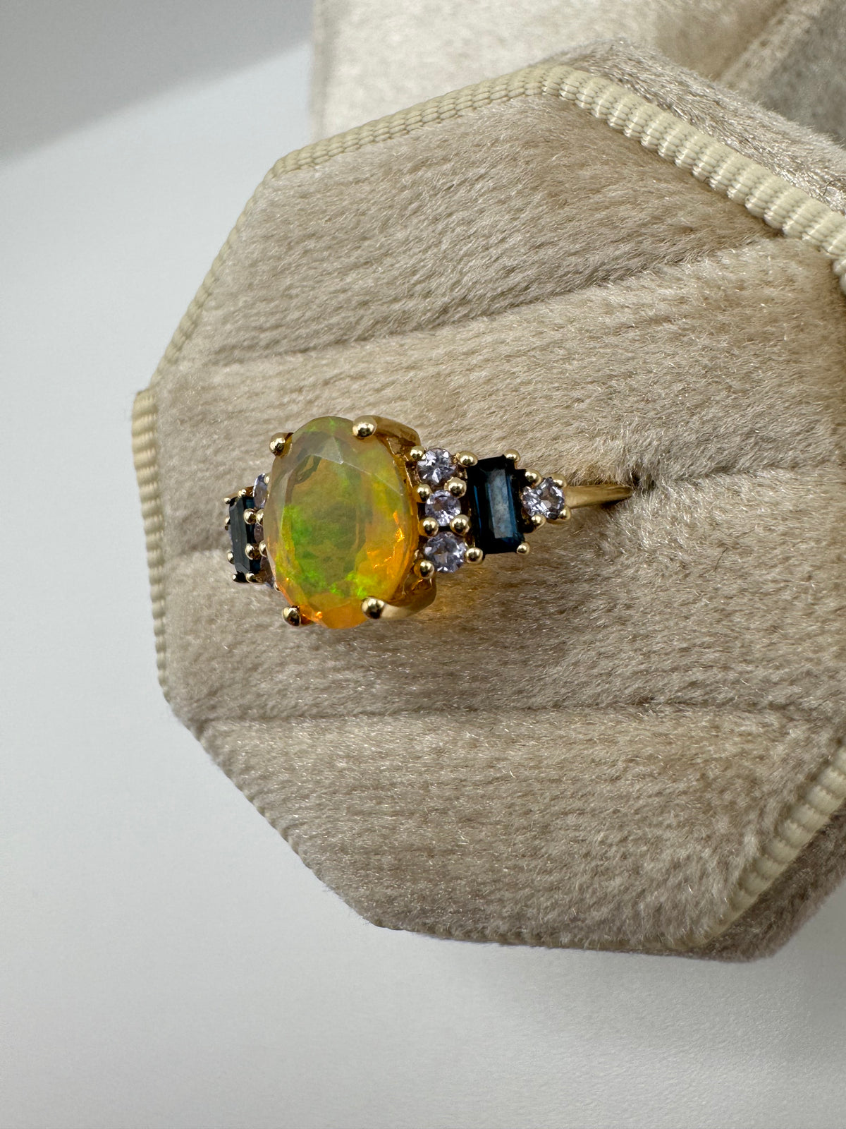 9ct gold opal, topaz and tanzanite ring