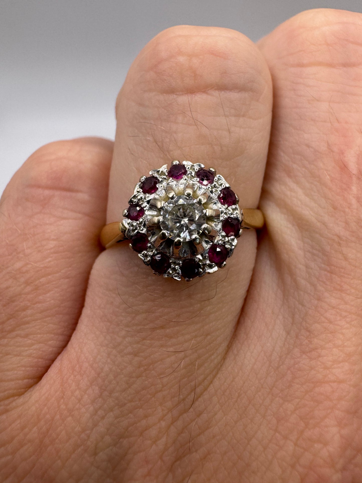 Antique 18ct gold ruby and diamond cluster ring