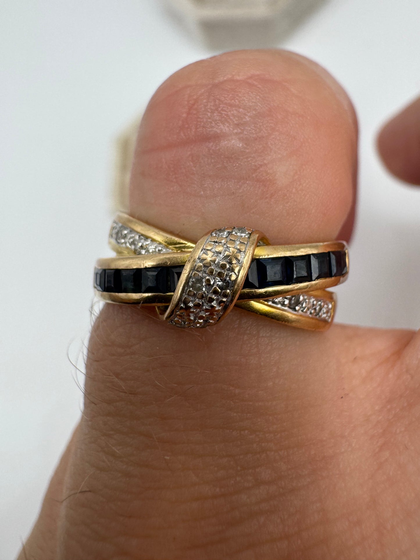 9ct gold sapphire and diamond crossover ring