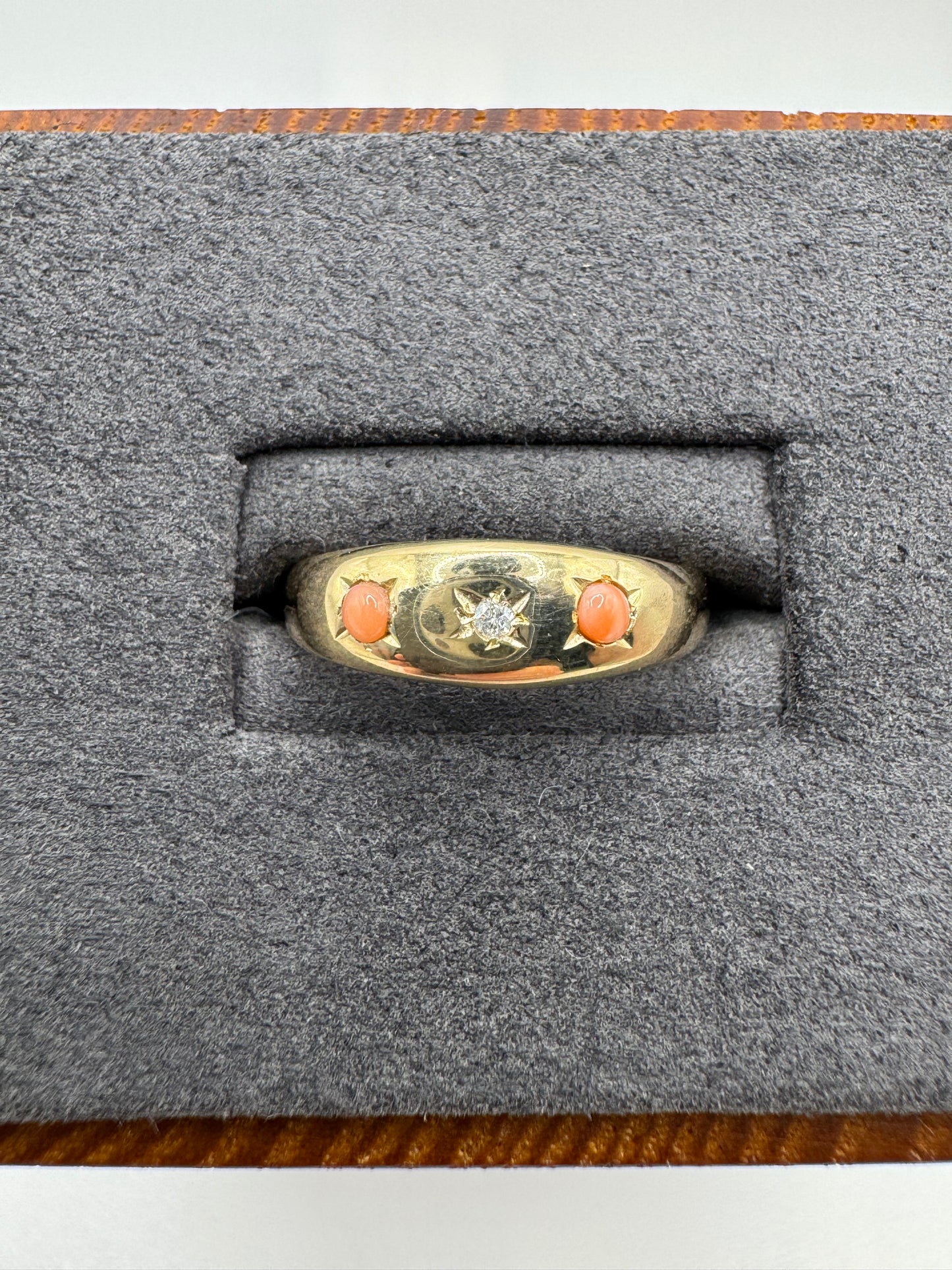 9ct gold coral and diamond gypsy ring