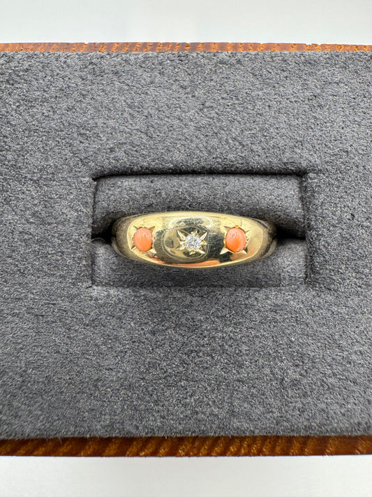 9ct gold coral and diamond gypsy ring