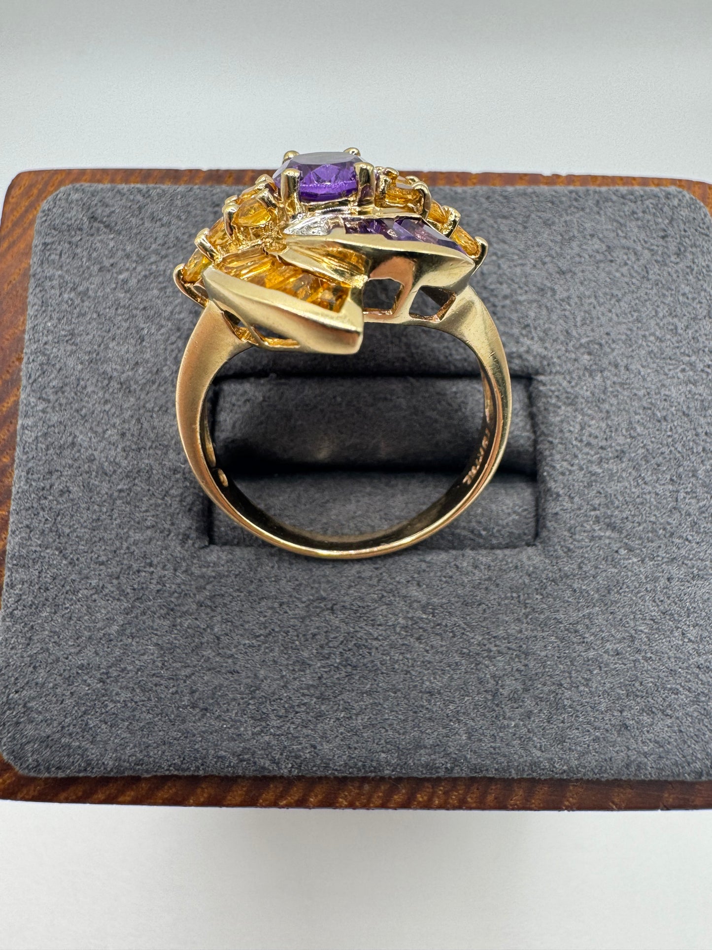 Heavy 9ct gold amethyst, citrine and diamond cocktail ring