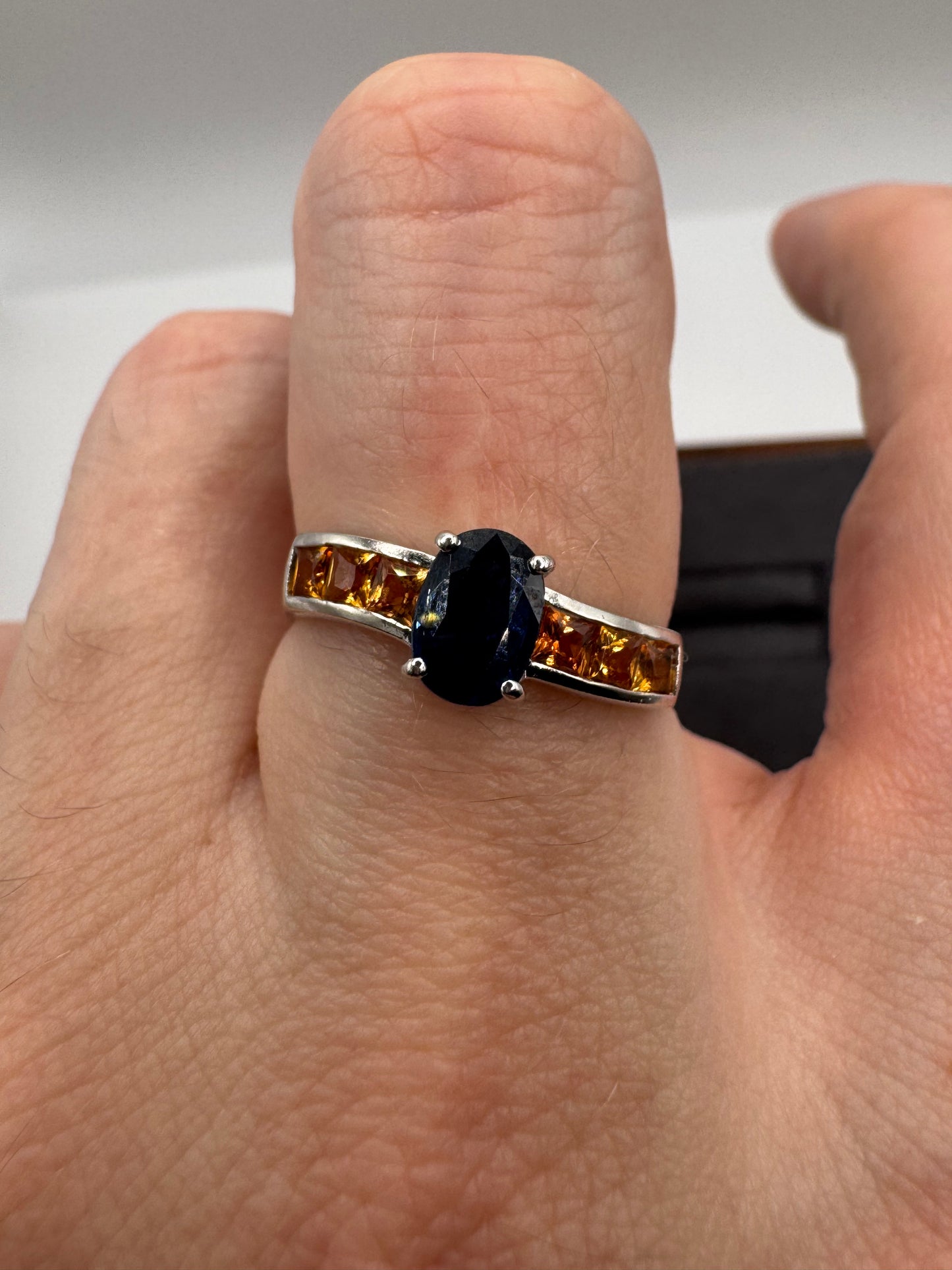 9ct white gold kyanite and orange sapphire ring