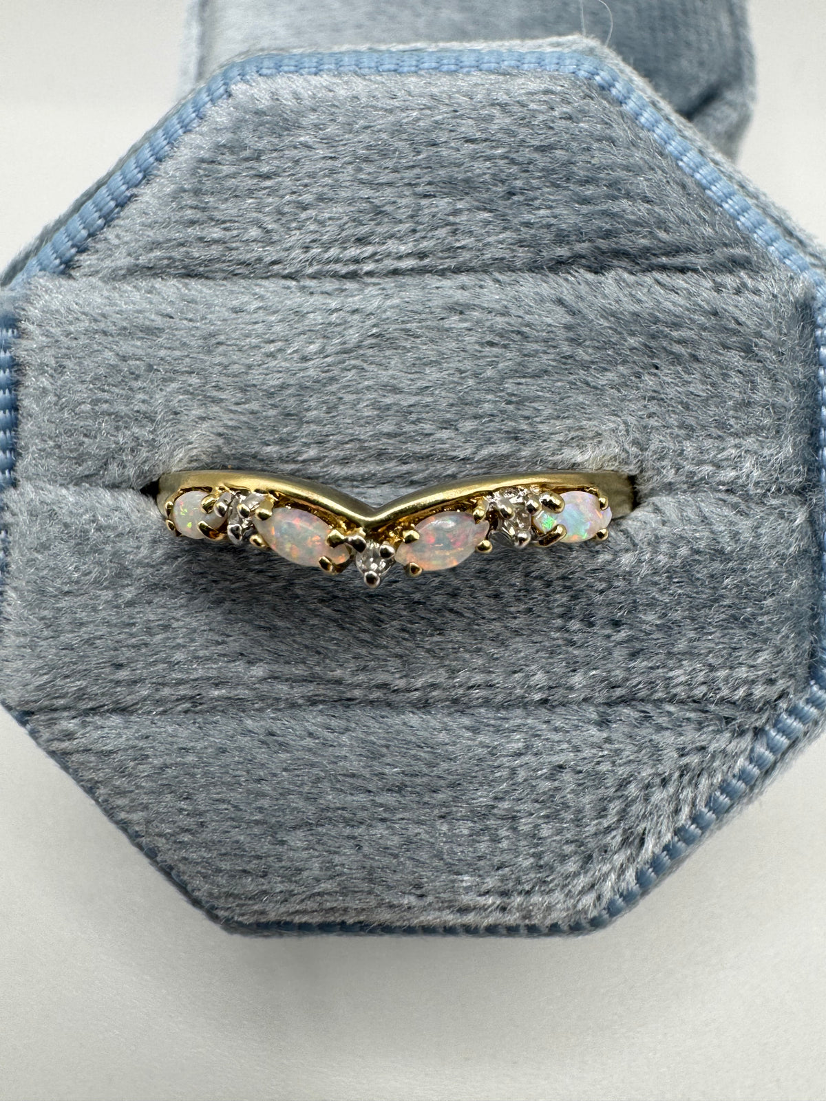 9ct gold opal and diamond wishbone ring