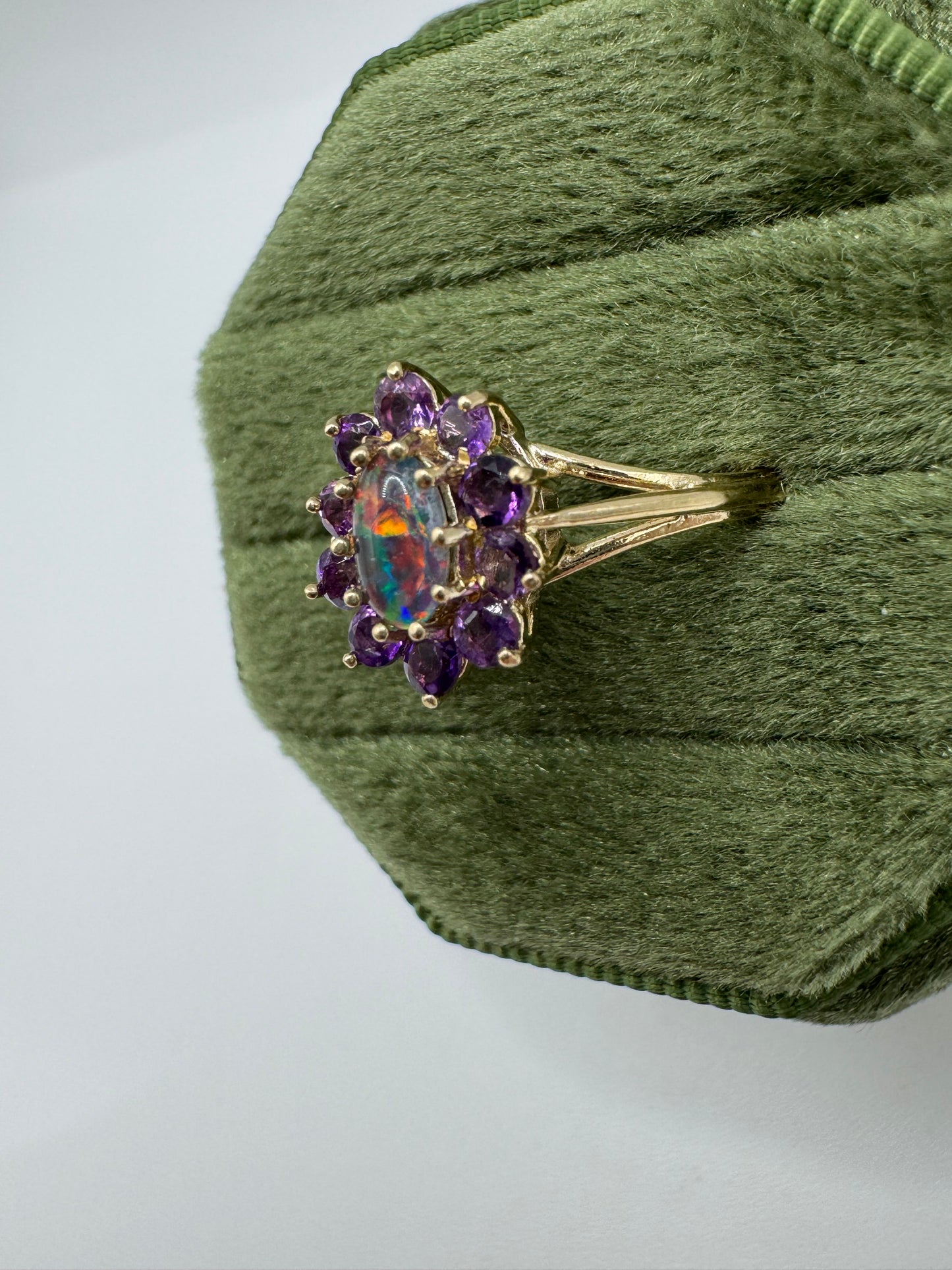 9ct gold black opal triplet and amethyst ring