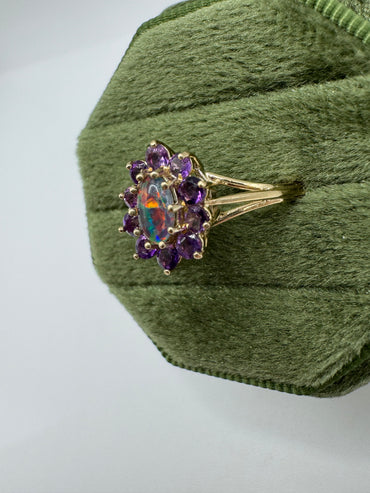 9ct gold black opal triplet and amethyst ring