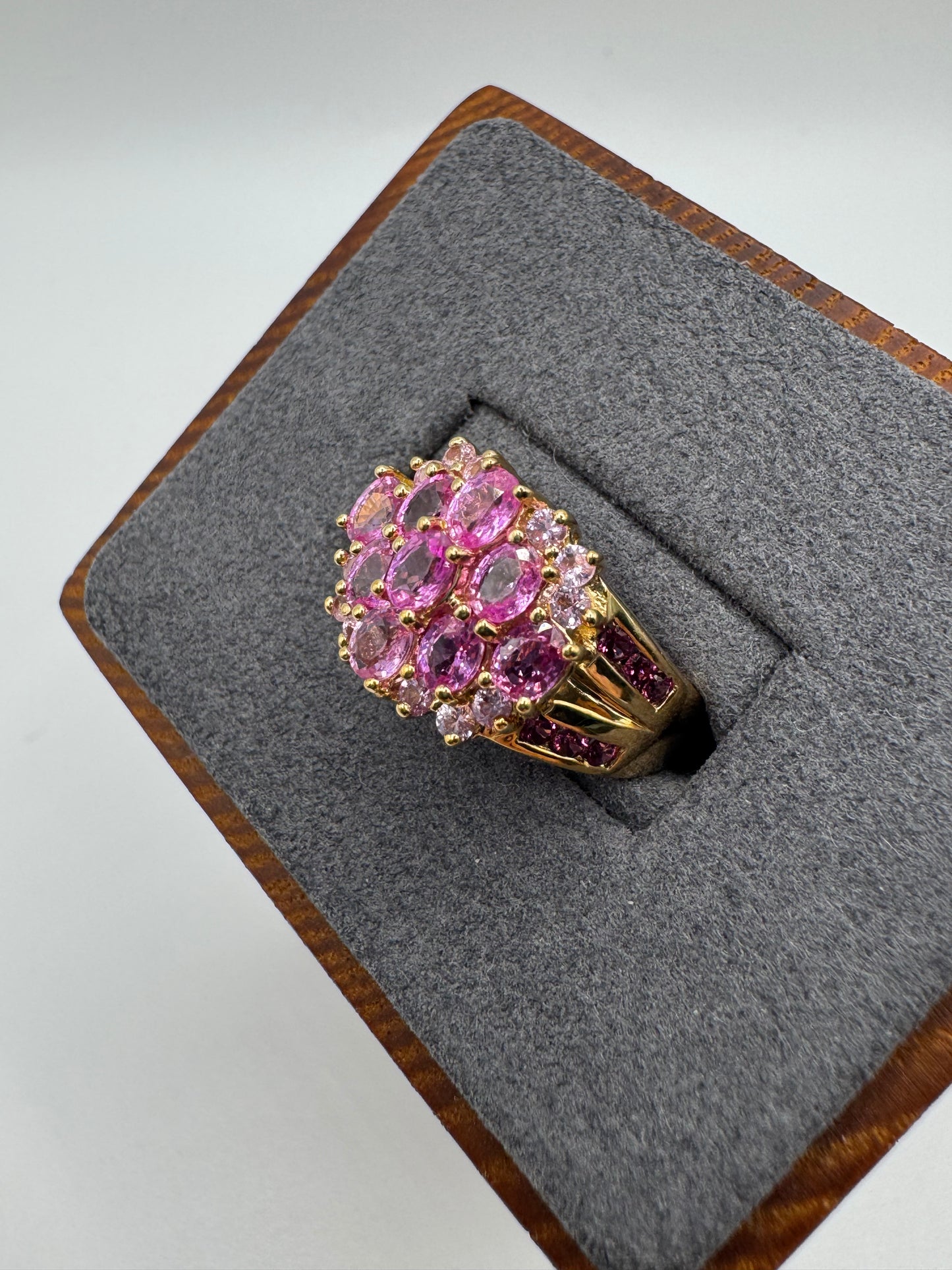 Heavy 9ct gold pink sapphire and pink topaz ring