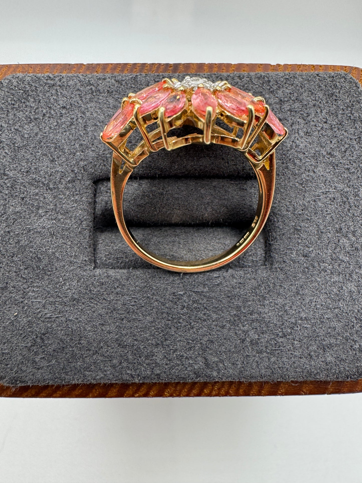 9ct gold padparadscha sapphire and diamond cluster ring