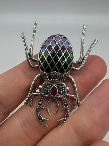 Silver marcasite and enamelled scarab beetle brooch