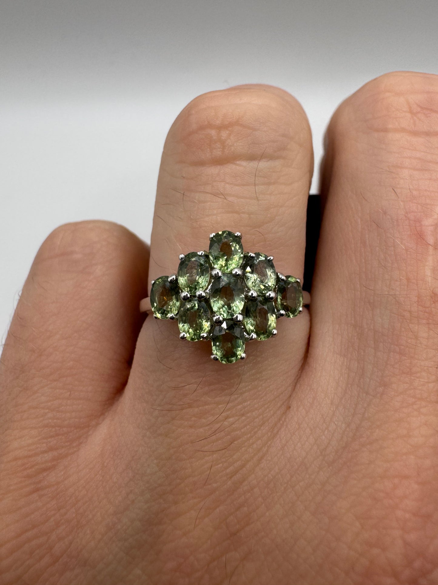 9ct white gold green sapphire cluster ring