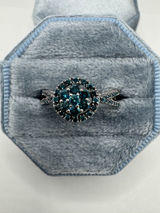 9ct white gold blue diamond cluster ring