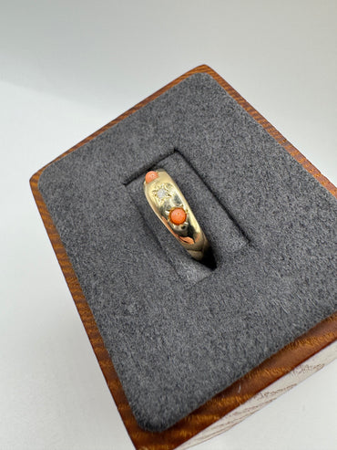 9ct gold coral and diamond gypsy ring