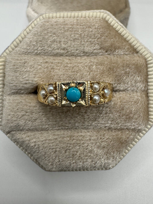 9ct gold turquoise and pearl 7 stone gypsy ring