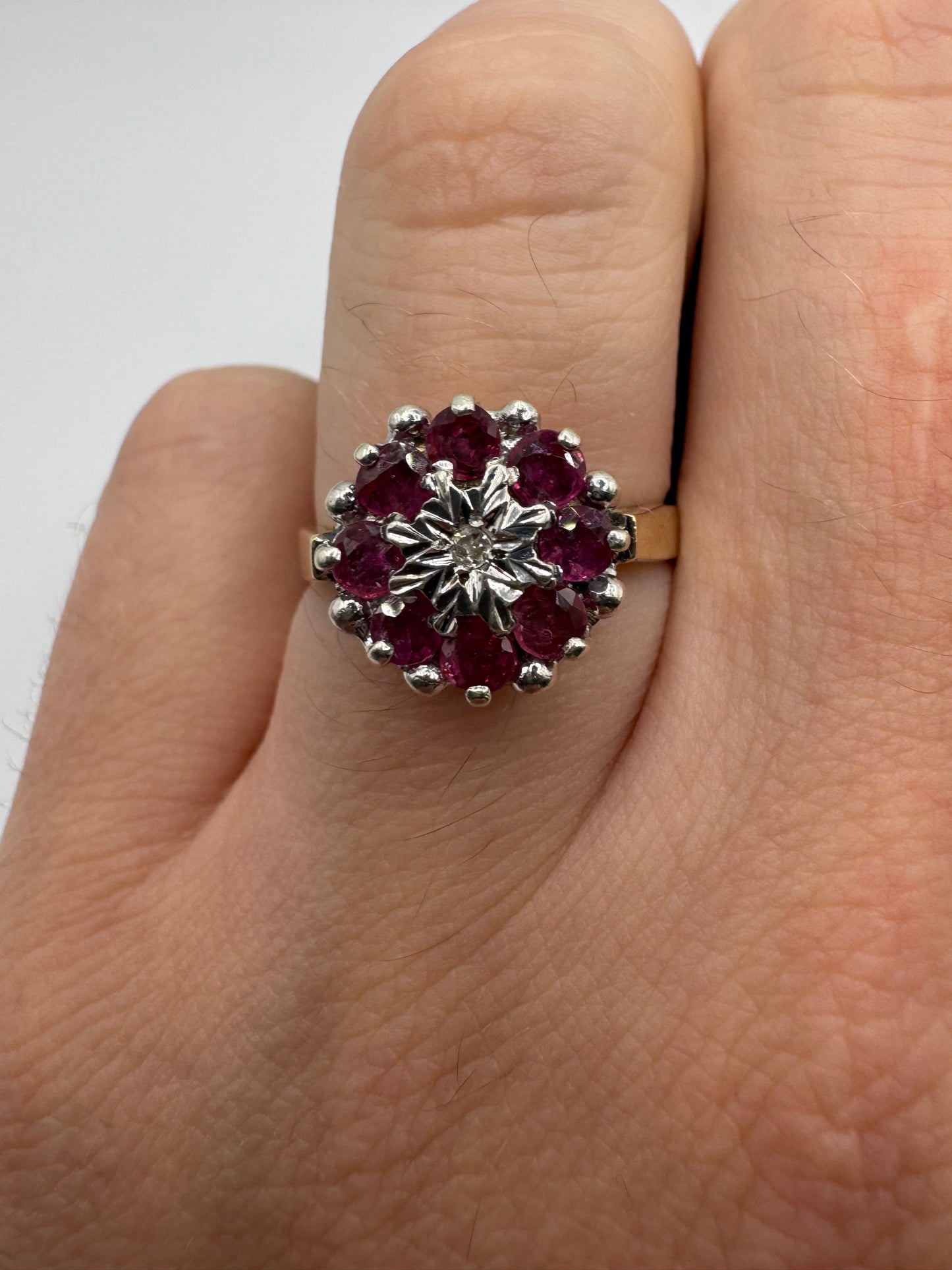 9ct gold ruby and diamond cluster ring