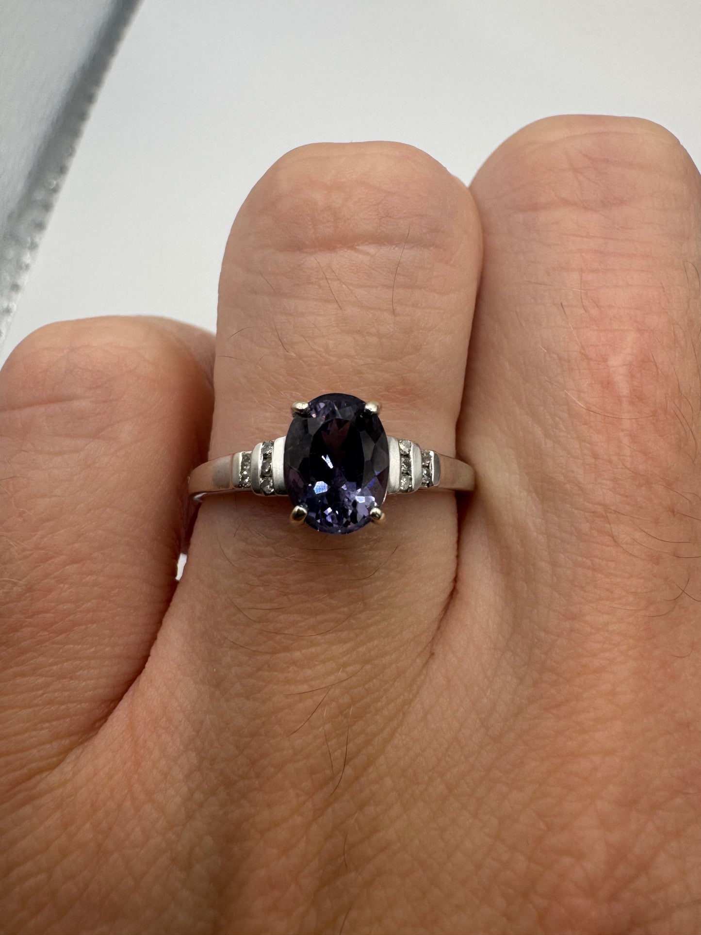 9ct white gold iolite and diamond ring