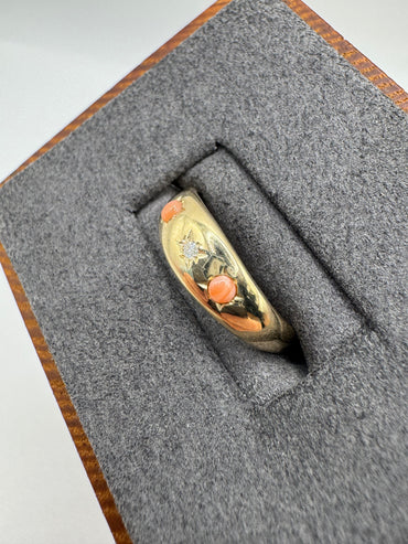9ct gold coral and diamond gypsy ring